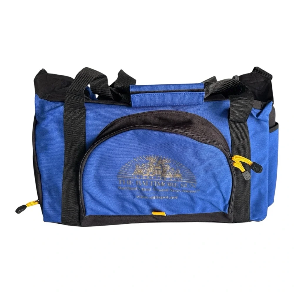 Blue and Black Duffel Bag with Yellow Accents